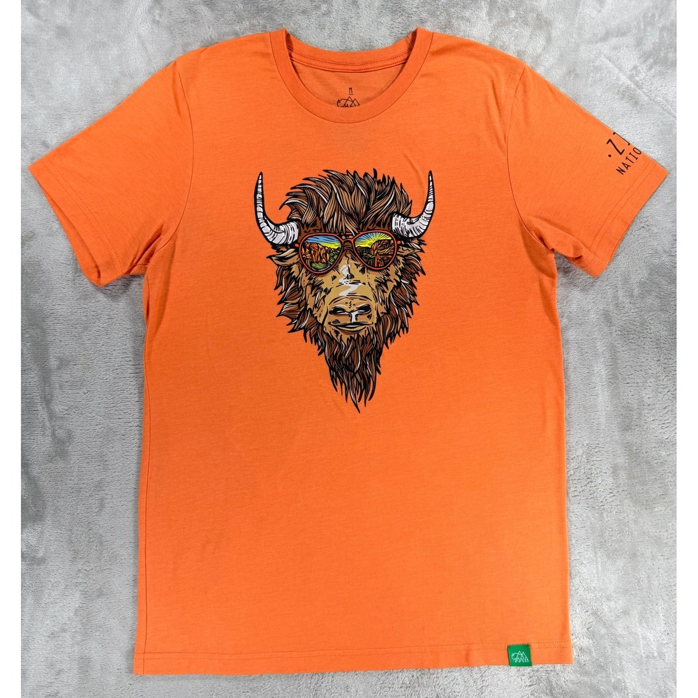 Wild Tribute Mens T-Shirt Zion National Park Bison Sunglasses Orange Size M